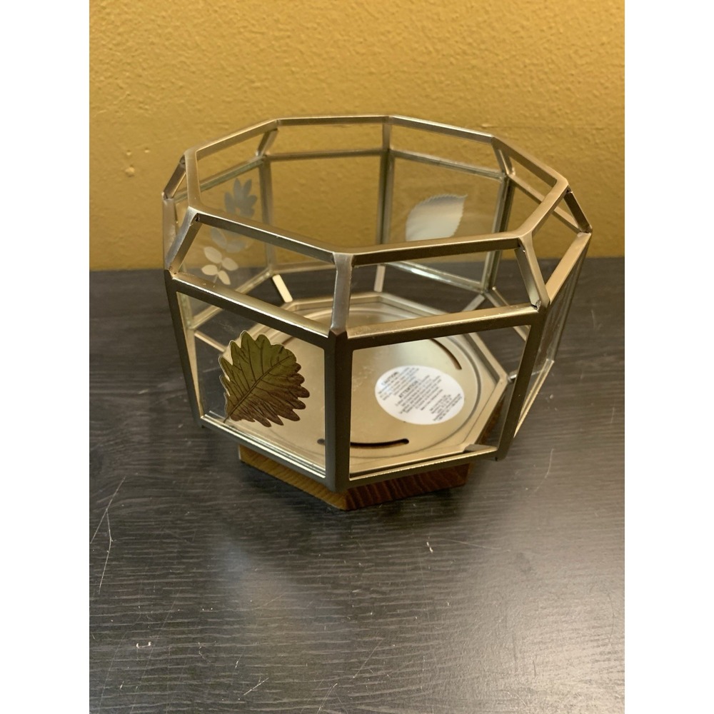 Bath & Body Works Candle Holder Gold Leaves Octagon Shaped Fall Autumn Wood Base